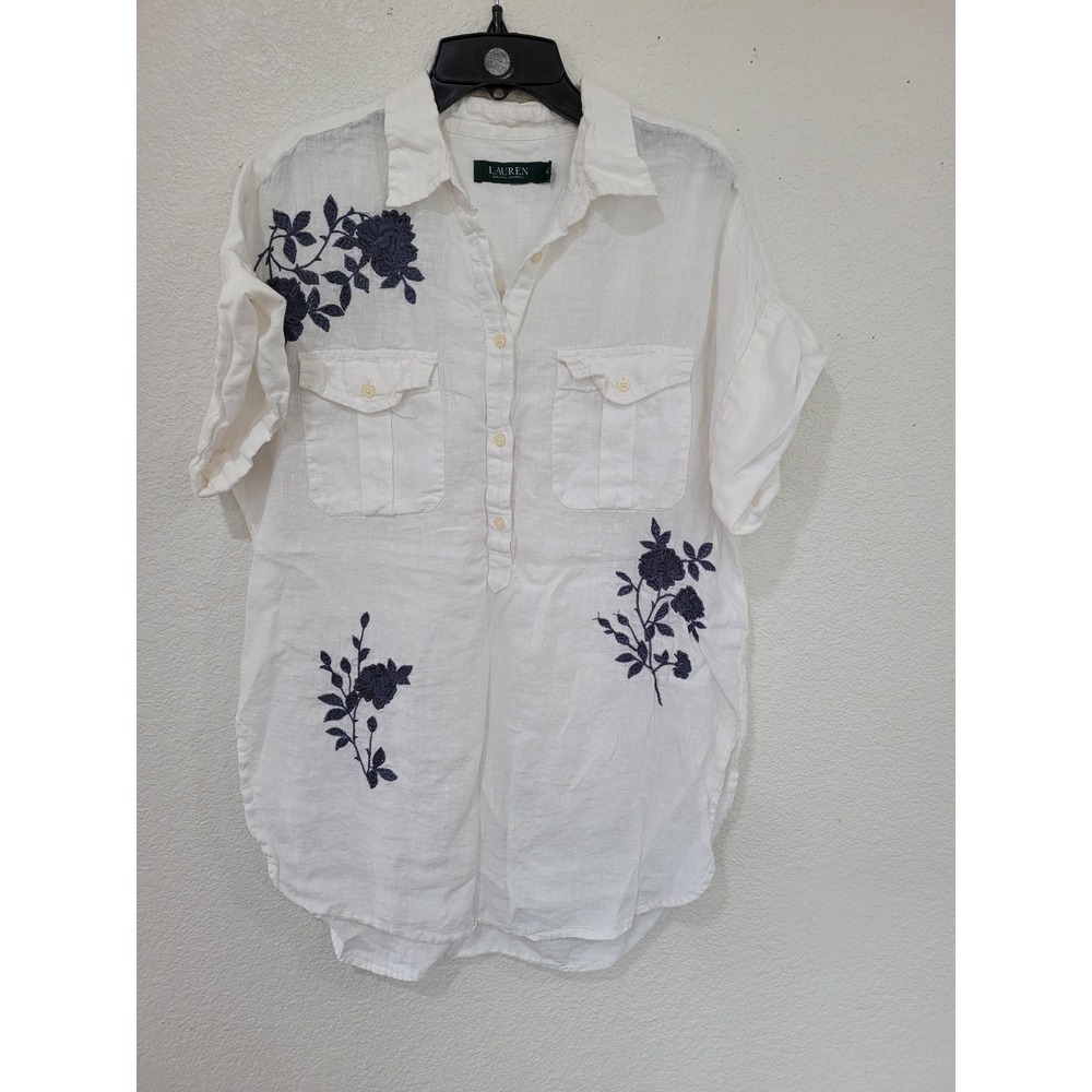 Lauren Ralph Lauren White 100% Linen Floral Embroidered Popover Shirt Mens M #25